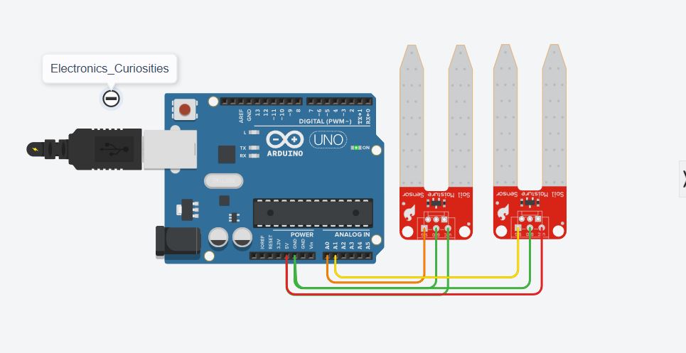 Connecting 2 Moisture sensor to Arduino Board with code and Circuit Diagram